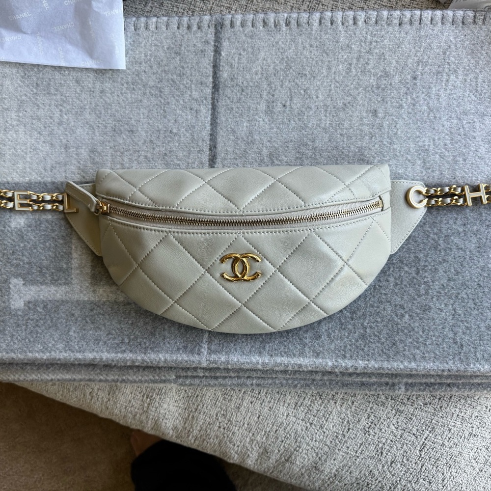 CHANEL Ivory Quilted Waist Bag with Gold Details